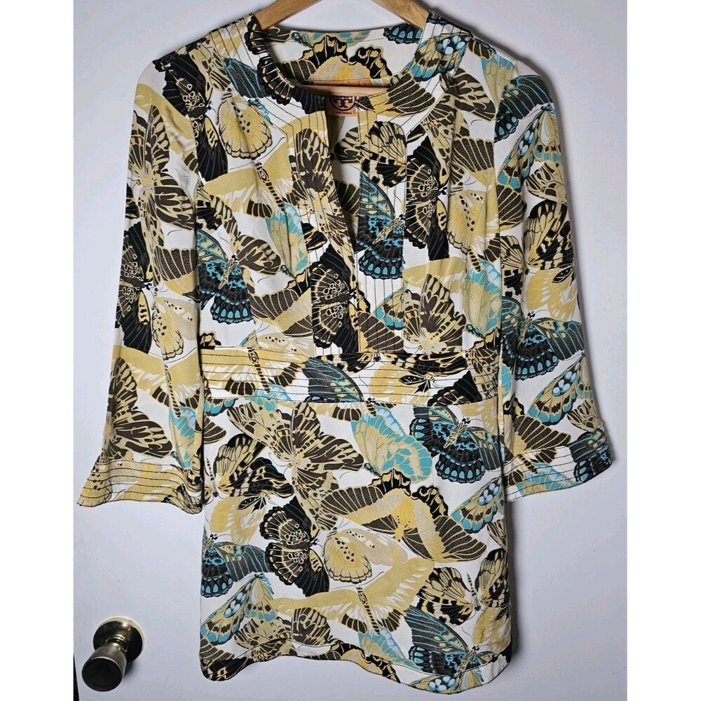 Tory Burch Womens Size 6 100% Silk Butterfly Allover Print Tunic Top Blouse